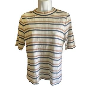 Talbots Striped Ribbed Mock Neck Short Sleeve Tee Shirt Top Petite Large